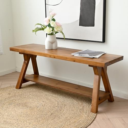 SwallowLiving 43 Inch Farmhouse Storage Bench, Rustic Solid Wood Entryway Bench for Living Room, Dining Room, Hallway | Indoor Seating with Natural Wood Finish - color: Double Layered Brown, size: 43 Inch