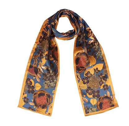 ANDANTINO 100% Silk Scarf for Women 59”*6.3” Long Shawls for Headscarf and Neck- Oblong Hair Wraps with Gift Packed - color: Navy-flower&birds
