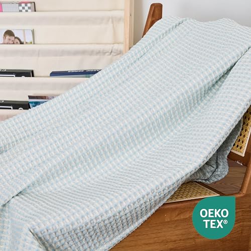 Lightweight Cotton Waffle Throw Blanket, Modern Two-Tone Check Pattern, Soft & Breathable for Bed, Couch, Sofa, All Seasons –Light Blue/White, 50"x60" - color: Blue/White, size: Throw