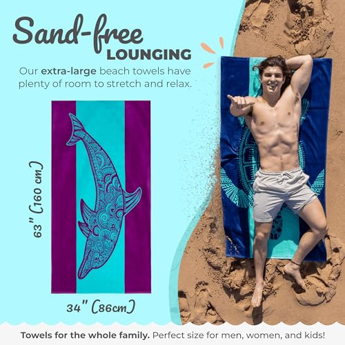 Nova Blue Dolphin Beach Towel – Tropical Blue & Purple Colors with A Unique Design, Extra Large, XL, Pool Towels (34”x 63”) Made from 100% Cotton - color: Dolphin