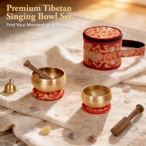 2-Pack Tibetan Singing Bowls Set - 100% Handmade in Nepal, Sound Bowl Meditation Set for Yoga, Chakra Healing, Meditation Gifts, Unique Gifts for Women - color: Red