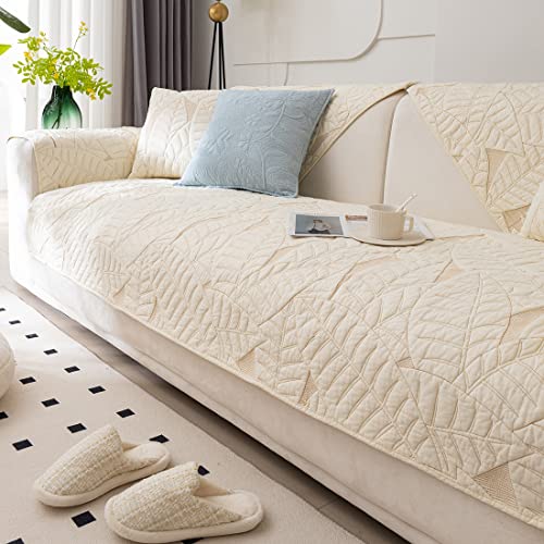 Farmhouse Couch Cover Solid Color Neutral Sofa Cover Soft Cotton Quilted Sectional Couch Covers Non Slip Washable Sofa Slipcover Furniture Protector for Living Room (Ivory A,28"x28") - color: Ivory a, size: 28"x28"/Square