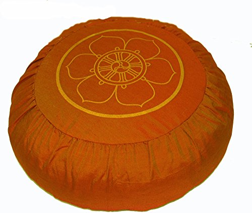 Meditation Pillow Zafu Cushion Lotus Enlightenment and Other Symbols - color: Wheel of Dharma Saffron