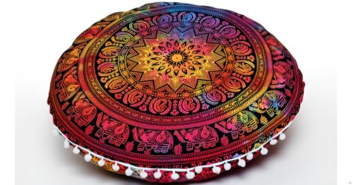 CRAFT KALA 22" Round Mandala Boho Pillow Cover Meditation Room Seating Poufs Cover for Living Room Yoga Room Home Bedroom Balcony Garden Party Decoration Cotton Floor Cushion Cover 22", Multi Elephant - color: Multi Elephant, size: 22"