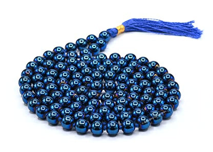 Amazing Gemstone Japa Mala 108 Prayer Beads Necklace and Wrist Mala Bracelet for Meditation - color: Blue Peacock Hematite, size: Hand Knotted