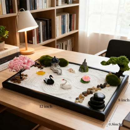 Zen Garden for Desk, Japanese Garden Home Office Desktop Decor for Meditation Sand Tray Therapy Kit,11.8'' X 7.9'' Large Size,Bamboo Rake Tools, Valentine's Day Gift