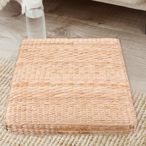 LALAFINA Straw Woven Meditation Pillow Floor Cushion Japanese Zabuton Seat Pad 40x40cm 6cm Thick Natural Grass Mat for Yoga, Zen Sitting, Temple and Home Use