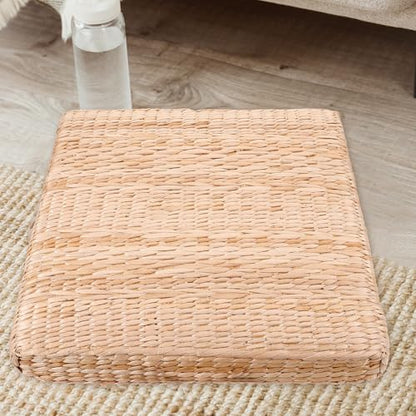LALAFINA Straw Woven Meditation Pillow Floor Cushion Japanese Zabuton Seat Pad 40x40cm 6cm Thick Natural Grass Mat for Yoga, Zen Sitting, Temple and Home Use
