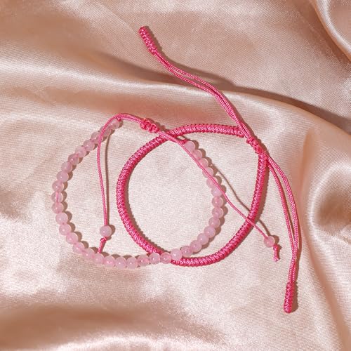 Natural Stone Healing Bracelet Tibetan Braided Style with Adjustable Rope String & Protective Energy Jewelry Gift for Womens & Men - color: Rose Quartz - Pink