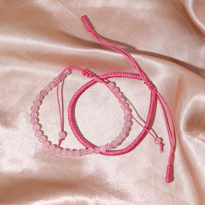 Natural Stone Healing Bracelet Tibetan Braided Style with Adjustable Rope String & Protective Energy Jewelry Gift for Womens & Men - color: Rose Quartz - Pink