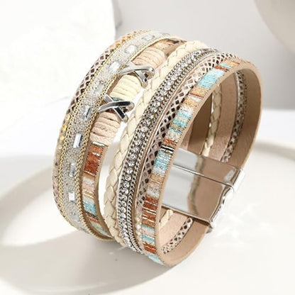 Fesciory Leopard Bracelet for Women, Boho Leather Wrap Multi-Layer Pearl Crystal Bracelet Bangle Jewelry - style: Boho(Khaki)