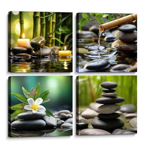 KPLUNDO Zen Canvas Wall Art 4 Piece Black Spa Stones Picture Prints Wall Decor Green Bamboo Poster Painting Meditation Artwork for Bathroom Bedroom Living Room Home Decoration(Art-3,8.00"x8.00"x4P) - color: Art-3, size: 8.00"x8.00"x4P