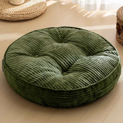 HIGOGOGO Floor Pillow Cushion for Adults, Meditation Cushion Pillow, Large Round Floor Sitting, Tufted Corduroy Cover, for Tatami Living Room or Yoga, 22x22 Inch, Dark Green - color: Round Dark Green, size: 4" Thick(Pack of 1)