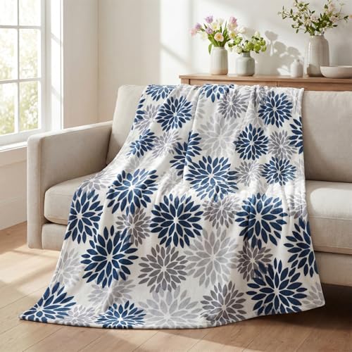 Horaldaily Blue Grey Silver Dahlia Pinnata Flannel Blanket Throw, Spring Summer Winter Floral Soft Fuzzy Plush Cozy Fleece Blanket for Couch Sofa Bed Lounging, Ideal Gifts for Kids Adults Self, 50x60 - color: Blue Grey Silver, size: Throw(50x60'')