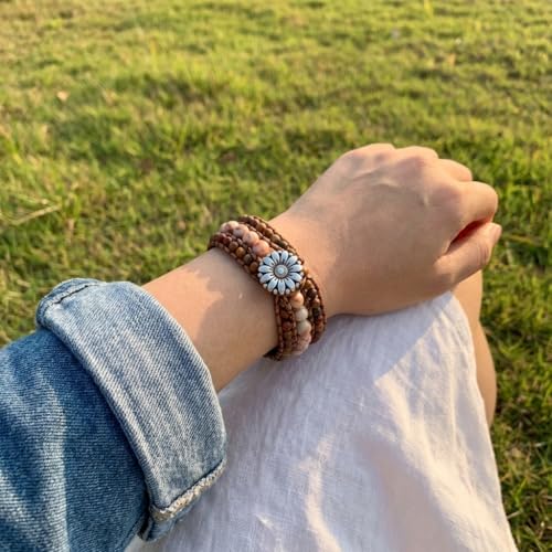 YGLINE Boho Handmade Natural Stone Bead 3 Row Wide Wrap Wrist Statment Bracelet Jewelry Collection - color: jasper
