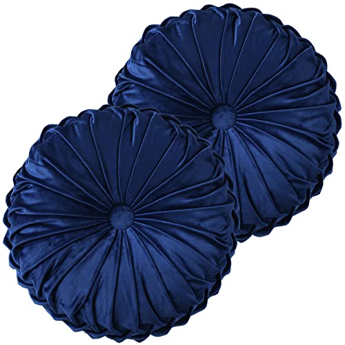 HIG Set of 2 Decorative Round Pleated Throw Pillows, Classy Accent Pumpkin Throw Pillows with Center Button, Vintage Velvet Floor Pillows for Sofa Couch Vanity Chair Bed, Navy, 14.5" Diameter(Ripple) - color: Navy