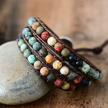 Boho Wrap Bead Bracelet for Women - Handmade Adjustable Natural Stone Beaded Bracelets Yoga Healing Bracelet Bangle Hippie Jewelry - color: Matte Turquoise
