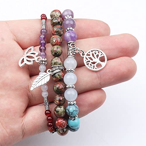 Tree of Life Yoga Healing Stone Bracelets,Multilayer Lotus Chakra Stone Reiki Bracelet Sets,Anxiety Crystal Natural Stone,for Women Stress Relief - style: chakra+natural Epidote