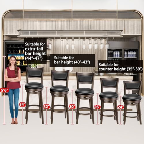 PrimeZone Swivel Bar Stools Set of 2, 24 Inch Counter Height Barstools, Black Faux Leather Bar Stool with High Backrest & Solid Wood Legs & Wrap-around Footrest, Counter Stools for Kitchen Island, Pub - size: 24" Counter Height