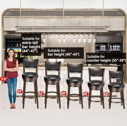 PrimeZone Swivel Bar Stools Set of 2, 24 Inch Counter Height Barstools, Black Faux Leather Bar Stool with High Backrest & Solid Wood Legs & Wrap-around Footrest, Counter Stools for Kitchen Island, Pub - size: 24" Counter Height