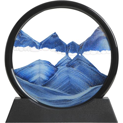 Moving Sand Art Liquid Motion, 3D Deep Sea Sandscape Color Quicksand Decor, Round Glass Moving Sand Art Picture Relaxing Desktop Home Office Work Decor (Blue, 7 inch) - color: Blue, size: 7 inch