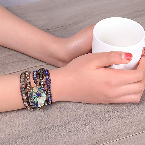 Plumiss Women Boho Handmade Natural Stone Crystal Leather Bead Wrap Bracelets Collection - style: Green Blue Jasper 5W
