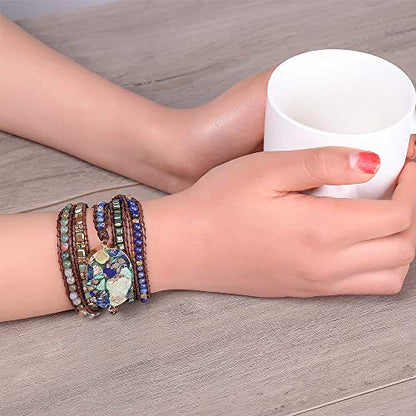 Plumiss Women Boho Handmade Natural Stone Crystal Leather Bead Wrap Bracelets Collection - style: Green Blue Jasper 5W