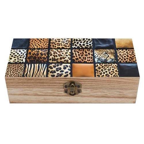 Leopard Print Wooden Storage Box (7.9" X 3.9" X 2.3"),Vintage Wooden Jewelry Box with Hinged Lid Natural Wood Keepsake Storage Boxes, Decorative Rustic Organizer for Home Decor Crafts Rings Gifts - color: Leopard Print