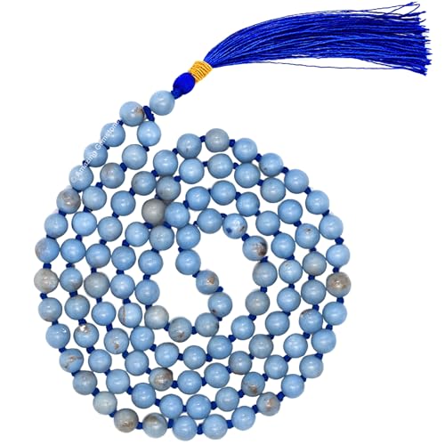 Amazing Gemstone Japa Mala 108 Prayer Beads Necklace and Wrist Mala Bracelet for Meditation - color: Angelite, size: Hand Knotted