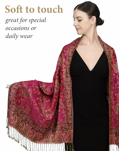 Achillea Reversible Paisley Pashmina Rave Scarf – Exotic Indian Shawls and Wraps for Evening Dresses, Festivals, All Seasons - color: Fuchsia