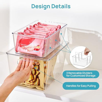 Vtopmart 4+4 Pack Clear Plastic Storage Bins Set - 4 Large Pantry Organizer Bins with Lid and Handle + 4 Medium 4-Compartment Food Storage Bins for Pantry, Kitchen, Fridge, Cabinet Organization - style: 4 Larger with Lid+4 Medium