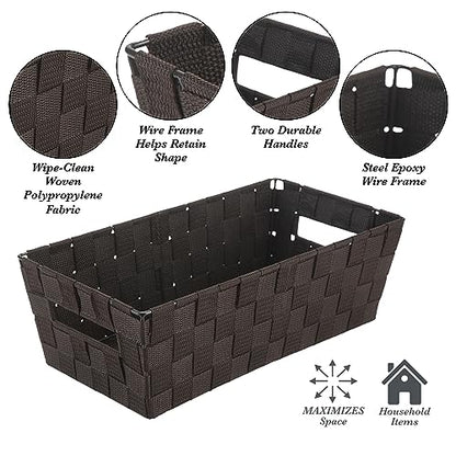 Simplify Extra Long Shelf Woven Strap Tote | Decorative Storage Basket | Built in Handles | Organization | Closet | Bedroom | Bathroom | Nursery | Accessories | Toys | Gifts | 1 Pack | Chocolate