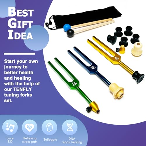 Solfeggio Tuning Fork Set - 10 Tuning Forks Perfect for DNA Healing, Chakra, Sound Therapy, Multicolour, with Exquisite Aluminum Gift Box (174 Hz, 285 Hz, 396 Hz, 417 Hz, 432Hz, 528 Hz etc) - color: Solfeggio Multicolour A