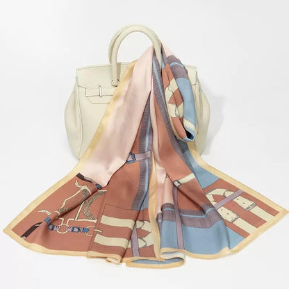 100% Mulberry Silk Long Scarf for Women Large Shawls for Headscarf and Neck- Oblong Hair Wraps with Gift Packed - color: Belts-blue&brown