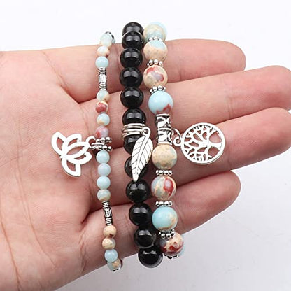 Tree of Life Yoga Healing Stone Bracelets,Multilayer Lotus Chakra Stone Reiki Bracelet Sets,Anxiety Crystal Natural Stone,for Women Stress Relief - style: Shoushan Stone+golden obsidian