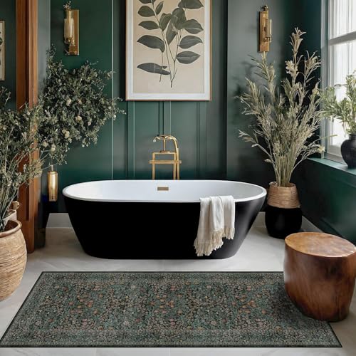 Dark Green 2x5 Runner Rug Non Slip Washable for Bathroom, Kitchen, Floral Boho Low Pile Entryway Rug, Door Mat Indoor Entrance, Small Carpet Runner for Laundry Room - color: Dark Green / Black, size: 2' x 5' (Runner)