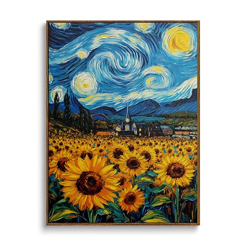 Starry Night Inspired Sunflower Field Canvas Wall Art - Impressionist Art Print - Vibrant Home Decor for Living Room Bedroom Office - HD Waterproof Premium Stretched Framed Ready to Hang 12x16 Inches - color: Sunflower (Vintage Framed), size: 16"L x 12"W