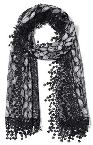 Cindy and Wendy Lightweight Soft Leaf Lace Fringes Scarf Bridal Veils shawl for Women - color: Black Grey