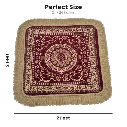 Soft Chenille Prayer Mat | Traditional Mandala Floral Pooja Aasan with Golden Fringes | Multipurpose Square Rug for Meditation, Yoga, Puja Room & Home (Red, 2x2 Feet)