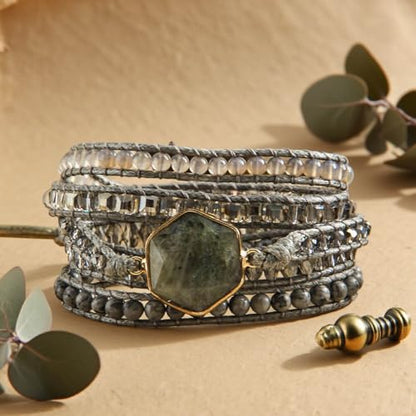 Handmade Boho Wrap Bracelets Natural Turquoise Crystal Stone Variety Beaded Strand Bracelet - color: Labradorite #2