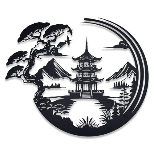 Japanese Bonsai Pagoda Metal Wall Art - Black Zen Asian Decor for Living Room, Bedroom & Office,lack Asian Inspired Wall Decor with Mountain and Tree Design, Wall Sculpture (11.8 x 9.8 Inches)