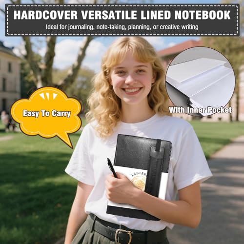 Lined Journal Notebook for Women Men, 256 Pages, Medium 5.7 in x 8.3 in - 100 GSM Thick Paper – Hardcover Leather Journals for Writing, Work, School, Note Taking, Diary Notepad,Black - color: Black