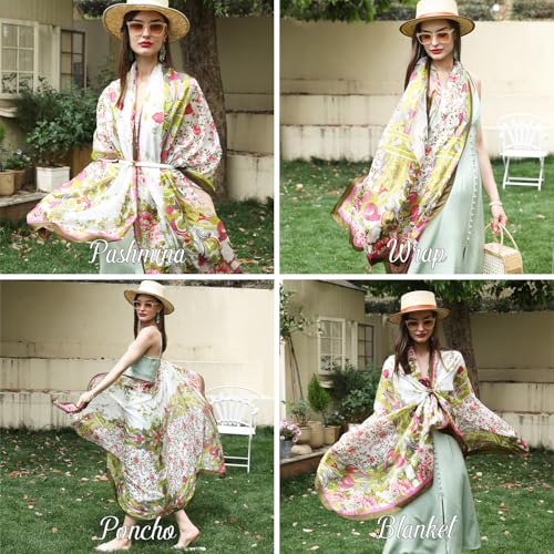 100% Mulberry Extra Large Silk Pashmina Scarf Shawls And Wraps For Women Evening Dress Summer Travel Floral Blanket - color: 60 Green&red