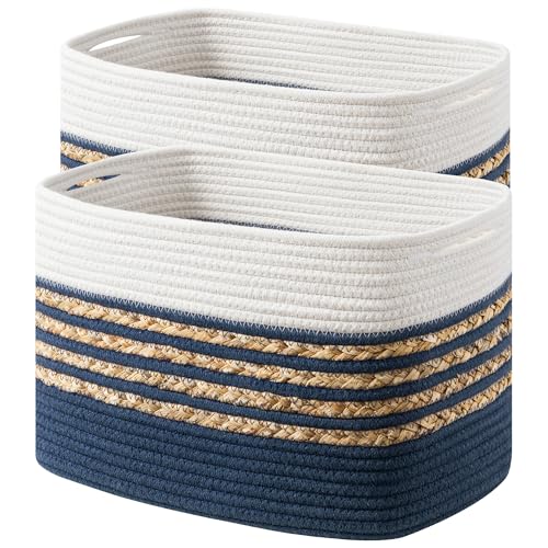 UBBCARE 2 Pack Baskets for Organizing, Woven Storage Baskets for Toys and Towel, Rectangle Cotton Rope Basket with Handles, 14''L x 8''W x9''H, Navy Blue