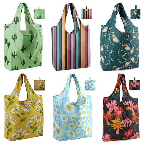 BeeGreen Animal Reusable Shopping Bags Cute Grocery Bag 6 Pack, Christmas Gift Bags Heavy-Duty Foldable Shopping Totes for Supermarket, Work & Travel, Large Washable Polyester Tote Bag with Handles - color: Green, yellow, blue