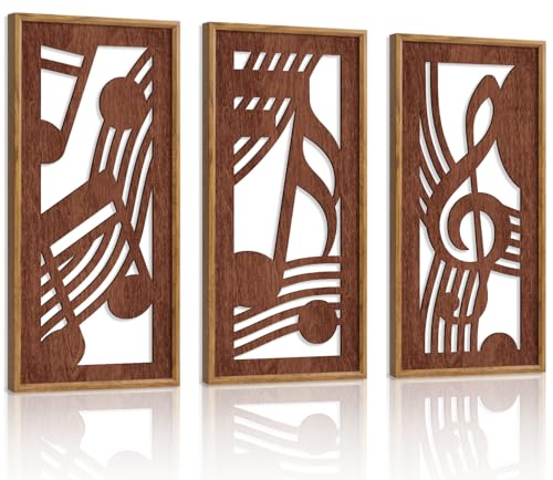 3PCS Rustic Musical Symbols Wall Decor, Modern Music Theme Wood Sign Artwork, Minimalist Piano Strings Musical Note Wall Hanging Plaque for Living Room Music Studio Apartment(8x16Inch) - color: Rustic Musical Symbols Wooden Wall Art