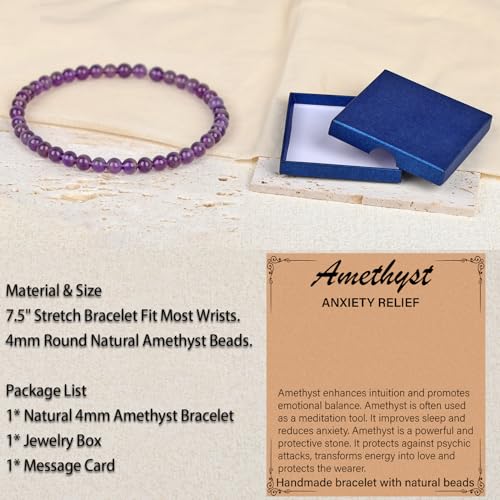LPBeads Handmade Natural Gemstone Stretch Elastic Bracelet Healing Crystal Round Stone Beads Jewelry Gifts for Women Men - color: Amethyst, size: 4mm