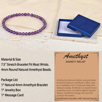 LPBeads Handmade Natural Gemstone Stretch Elastic Bracelet Healing Crystal Round Stone Beads Jewelry Gifts for Women Men - color: Amethyst, size: 4mm