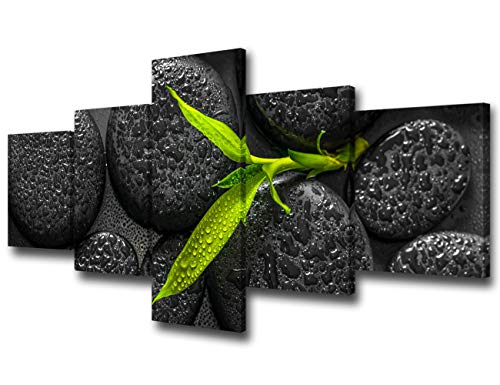 Wall Decor -5 Panel Black Zen Stone Poster Canvas Wall Art Prints Composition of Green Branch Bamboo Painting Modern Printed Tree Leaf Picture Framed Giclee Artwork Contemporary Home Decor 50"W x 24"H - color: Artwork-19, size: 50"W x 24"H