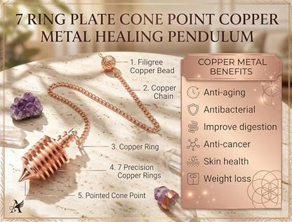 7 Ring Copper Cone Pendulum for Reiki Healing, Dowsing & Chakra Balancing – Divination & Meditation Tool for Energy Cleansing - color: 7 Ring Copper Metal Pendulum